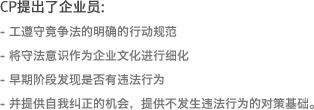 CP提出了企业员:- 工遵守竞争法的明确的行动规范 - 将守法意识作为企业文化进行细化 - 早期阶段发现是否有违法行为 - 并提供自我纠正的机会,提供不发生违法行为的对策基础。