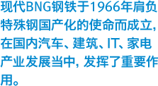 现代BNG钢铁于1966年肩负特殊钢国产化的使命而成立，在国内汽车、建筑、IT、家电产业发展当中，发挥了重要作用。