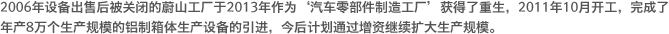 2006年设备出售后被关闭的蔚山工厂于2013年作为‘汽车零部件制造工厂’获得了重生，2011年10月开工，完成了年产8万个生产规模的铝制箱体生产设备的引进，今后计划通过增资继续扩大生产规模。