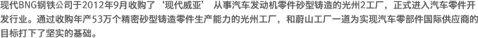 现代BNG钢铁公司于2012年9月收购了‘现代威亚’ 从事汽车发动机零件砂型铸造的光州2工厂，正式进入汽车零件开发行业。通过收购年产53万个精密砂型铸造零件生产能力的光州工厂，和蔚山工厂一道为实现汽车零部件国际供应商的目标打下了坚实的基础。