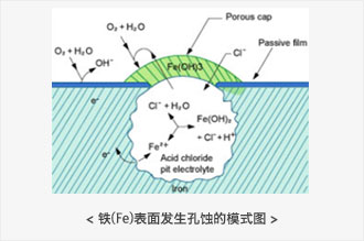 铁(Fe)表面发生孔蚀的模式图