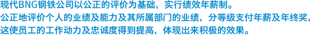 现代BNG钢铁公司以公正的评价为基础，实行绩效年薪制。公正地评价个人的业绩及能力及其所属部门的业绩，分等级支付年薪及年终奖，这使员工的工作动力及忠诚度得到提高，体现出来积极的效果。