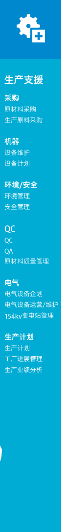 采购 : 原材料采购, 生产原料采购
机器 : 设备维护, 设备计划
环境/安全 : 环境管理, 安全管理
QC : QC, QA, 原材料质量管理
电气 ; 电气设备企划, 电气设备运营/维护, 154kv变电站管理
生产计划 : 生产计划, 工厂进展管理, 生产业绩分析