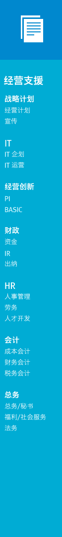 [经营支援] 战略计划 : 经营计划, 宣传
IT : IT企划, IT运营
经营创新 : PI, BASIC
财政 : 资金, IR, 出纳
HR : 人事管理, 劳务, 人才开发
会计 : 成本会计, 财务会计, 税务会计
总务 : 总务/秘书, 福利/社会服务, 法务