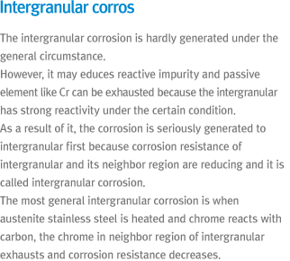 Intergranular corrosion - The intergranular corrosion is hardly generated under the general circumstance.However, it may educes reactive impurity and passive element like Cr can be exhausted because the intergranular has strong reactivity under the certain condition. As a result of it, the corrosion is seriously generated to intergranular first because corrosion resistance of intergranular and its neighbor region are reducing and it is called intergranular corrosion. The most general intergranular corrosion is when austenite stainless steel is heated and chrome reacts with carbon, the chrome in neighbor region of intergranular exhausts and corrosion resistance decreases.