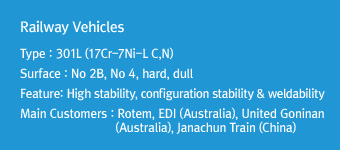 Railway Vehicles
Type : 301L (17Cr-7Ni-L C,N)
Surface : No 2B, No 4, hard, dull
Feature: High stability, configuration stability & weldability
Main Customers : Rotem, EDI (Australia), United Goninan (Australia), Janachun Train (China)