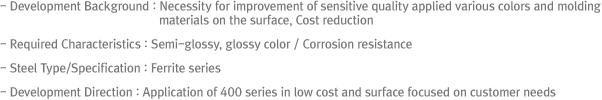- Development Background Necessity for improvement of sensitive quality applied various colors and molding materials on the surface, Cost reduction
- Required Characteristics : Semi-glossy, glossy color / Corrosion resistance
- Steel Type/Specification : Ferrite series
- Development Direction : Application of 400 series in low cost and surface focused on customer needs