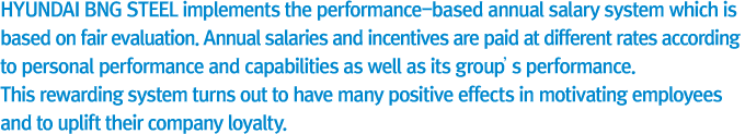 HYUNDAI BNG Steel implements the performance-based annual salary system which is based on fair evaluation. Annual salaries and incentives are paid at different rates according to personal performance and capabilities as well as      its group’s performance. It has the positive effects of motivating and strong loyalty for employees.