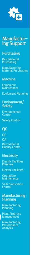 Purchasing : Raw Material Purchasing, Manufacturing Material PurchasingMachine : Equipment Maintenance, Equipment PlanningEnvironment/Safety : Environmental Contro , Safety ControlQC : QC, QA, Raw Material Quality ControlElectricity ; Electric Facilities Planning, Electric Facilities Operation/Maintenance, 154Kv Substation ControlManufacturing Planning : Manufacturing Planning, Plant Progress Management, Manufacturing Performance Analysis