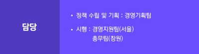 담당: 정책 수립 및 기획 : 경영기획팀, 시행 : 경영지원팀(서울) 총무팀(창원)