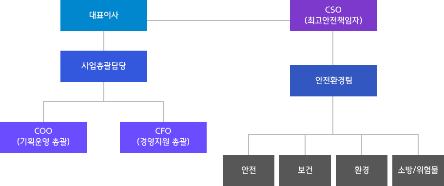 대표이사 - 사업총괄담당 - COO(기획운영 총괄), CFO(경영지원 총괄) + CSO(최고안전책임자) - 안전환경팀 - 안전, 보건, 환경, 소방/위험물