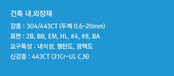 강종 : 304/443ct(두께 0.6~20mm)표면 : 2B, BB, EM, HL, #4, #8, BA요구특성 : 내식성, 평탄도, 광택도신강종 : 443CT(21Cr-UL C,N)